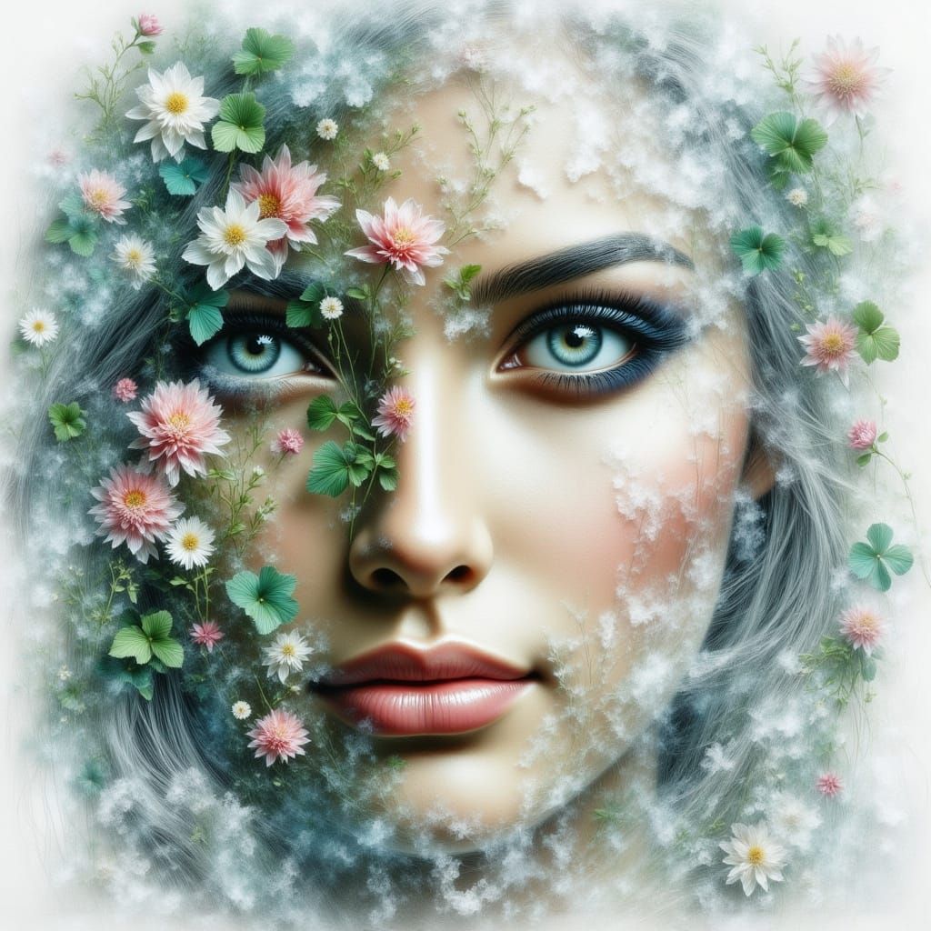 Woman Encased in Ice with Flowers: Double Exposure Art