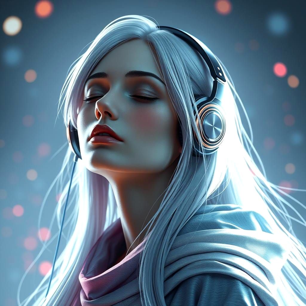 Ethereal Woman Listening to Music: Hyperdetailed Portrait