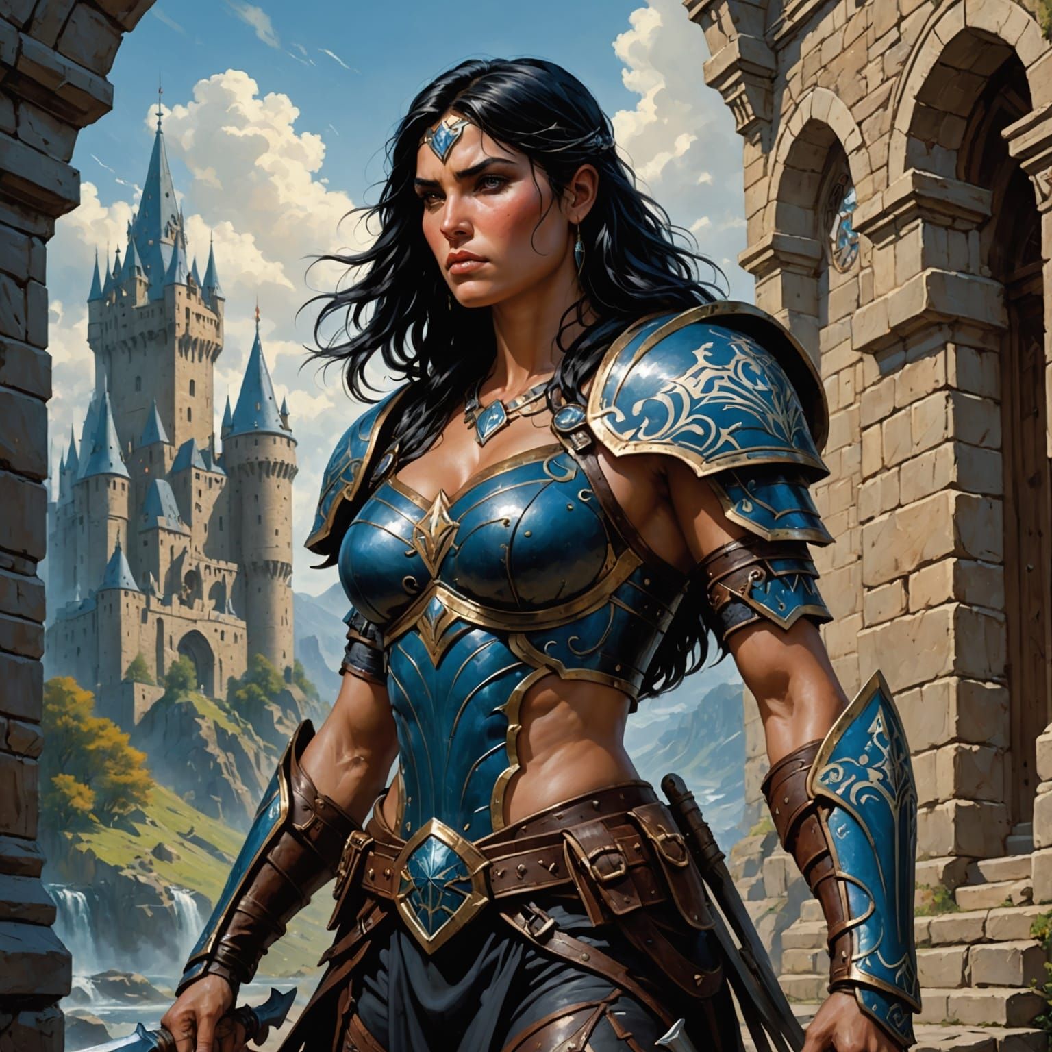 Epic Barbarian Warrior near Castle in Leather Armor with Blu...