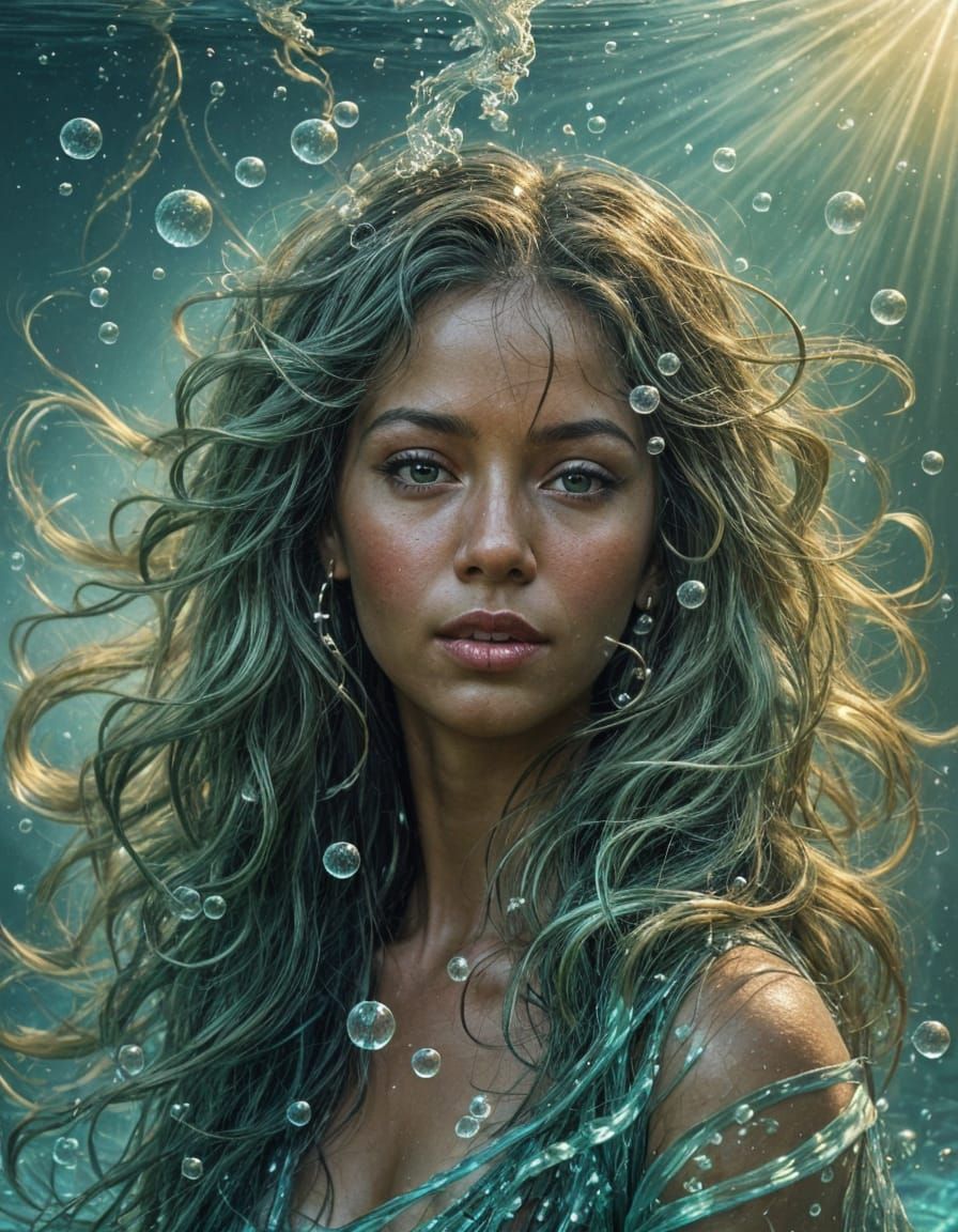 African Goddess Emerging from Azure Hues of Underwater Dream...