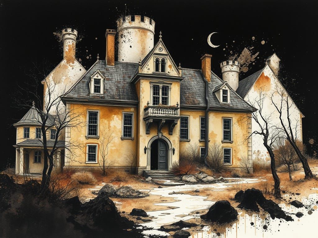 Abandoned Mansion Frozen in Time: Watercolour Deconstruction