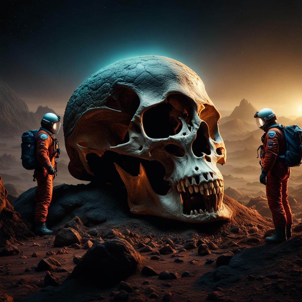Astronauts Unearthing Giant Reptilian Skull on Planetoid