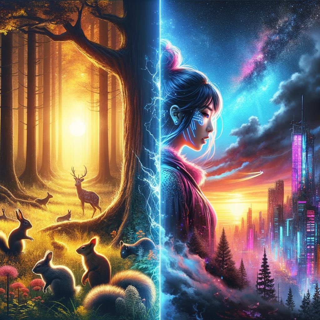 Diptych: Serene Forest vs. Cyberpunk City