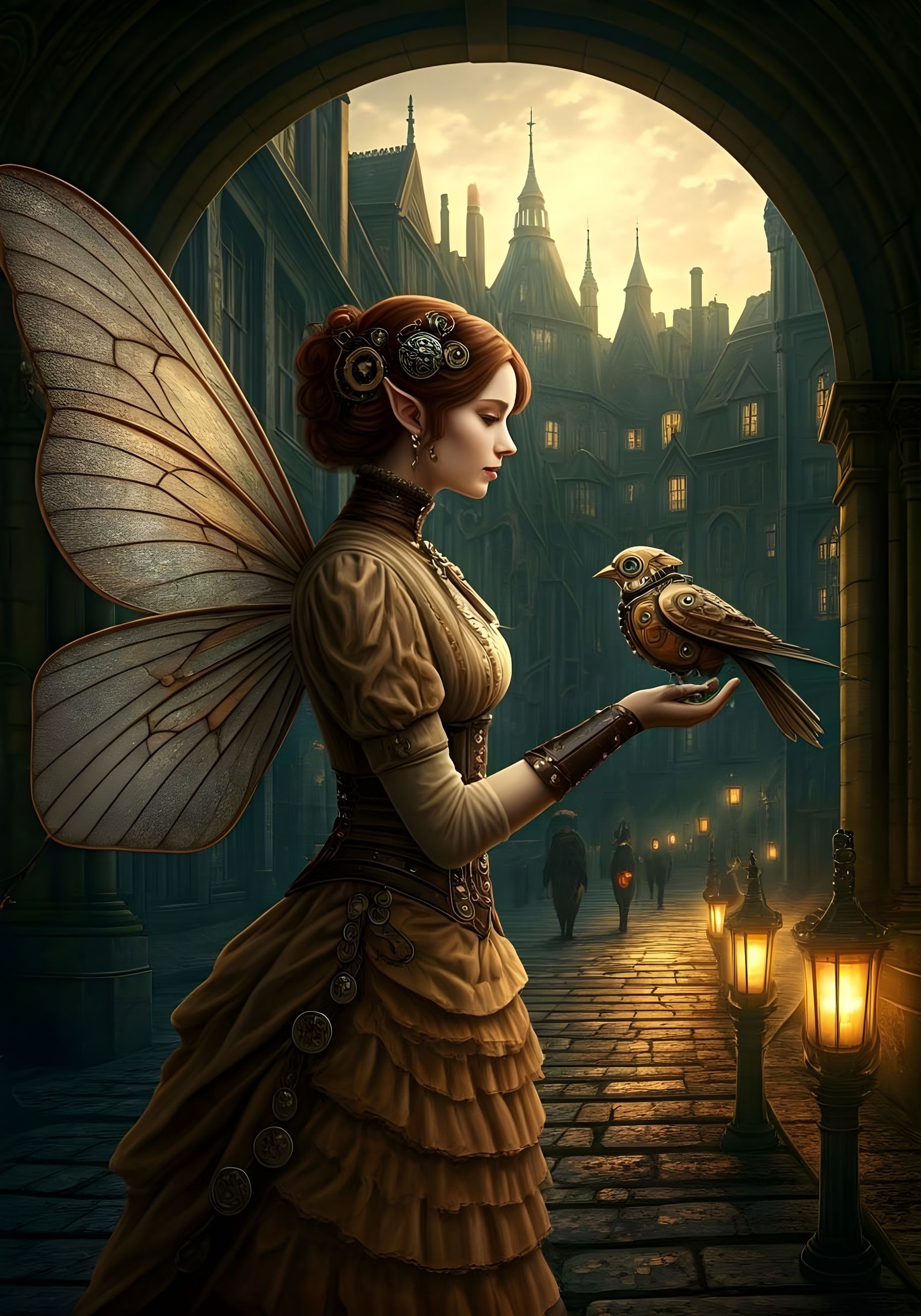 Elegant Steampunk Fairy Amidst Vibrant Cityscape