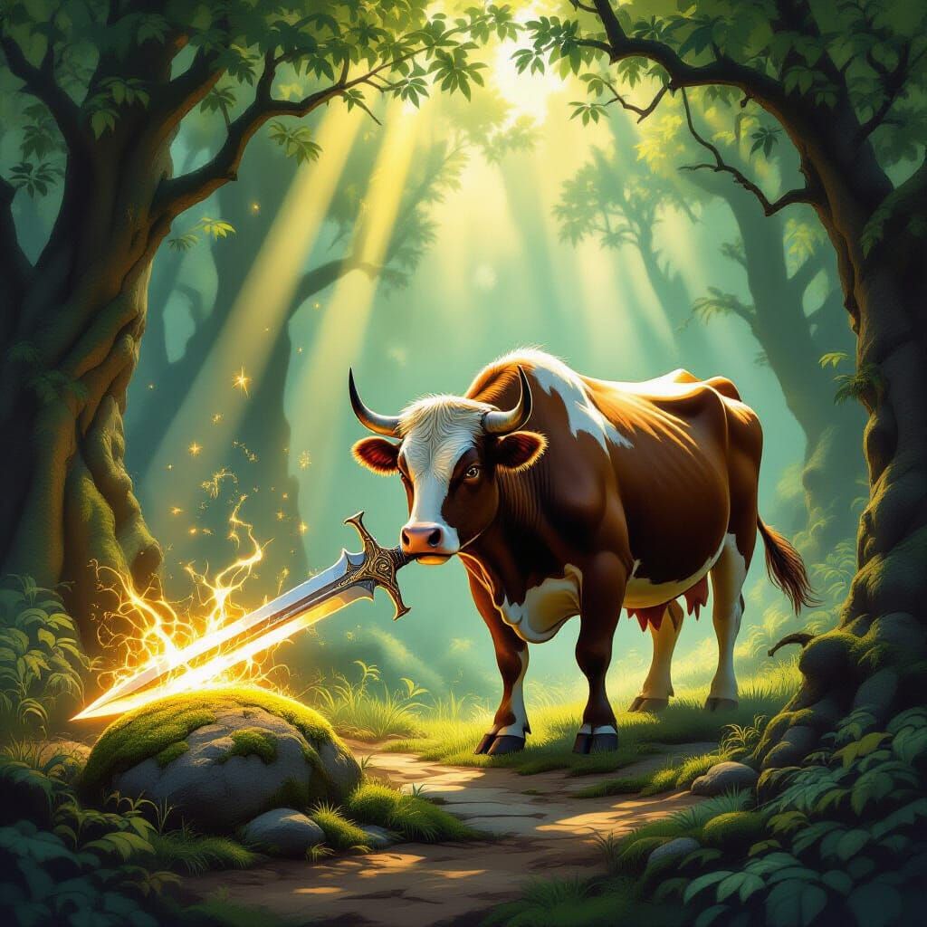 Cow Pulls Glowing Sword From Stone in Epic Fantasy Art