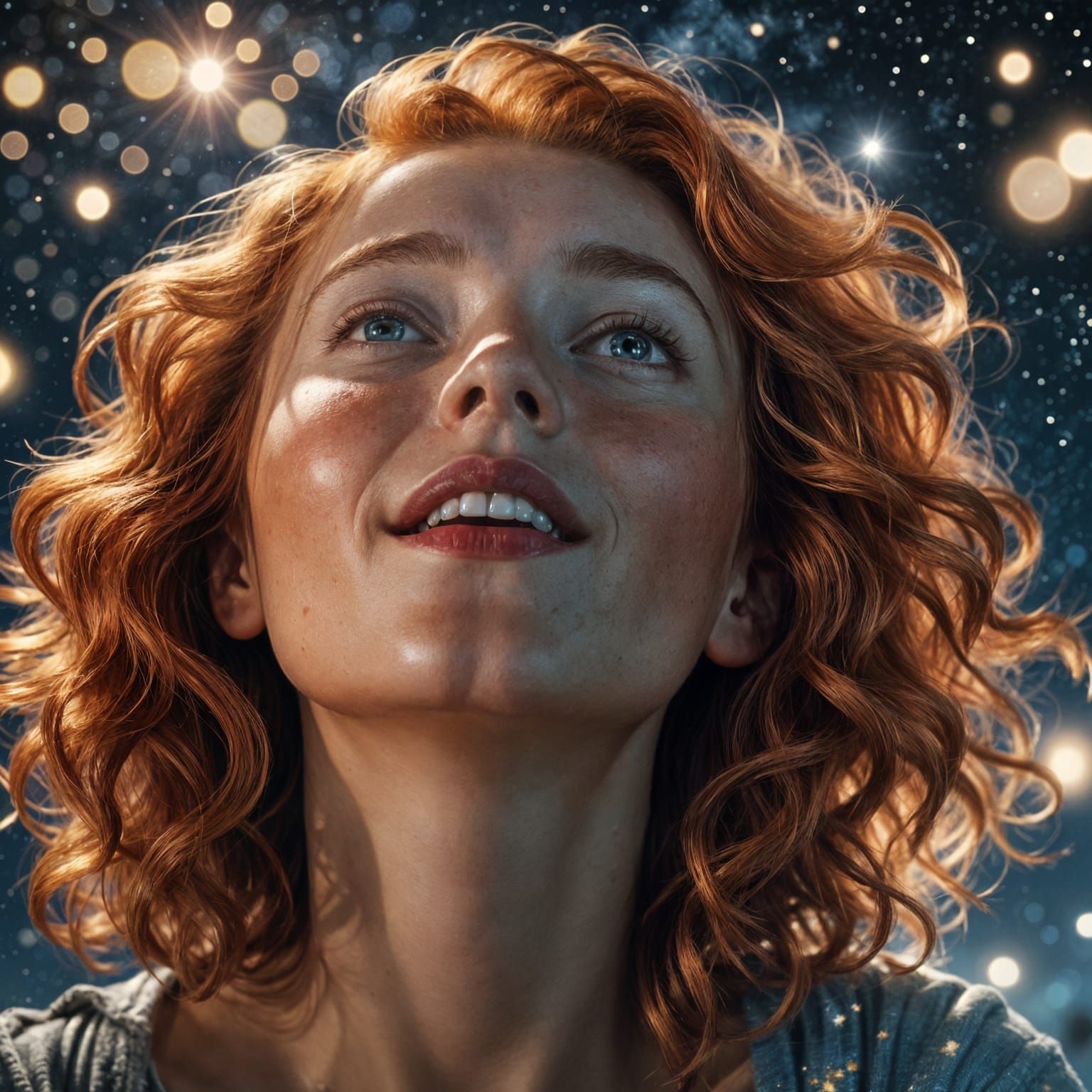 Photorealistic Portrait of a Redhead with Starry Sky