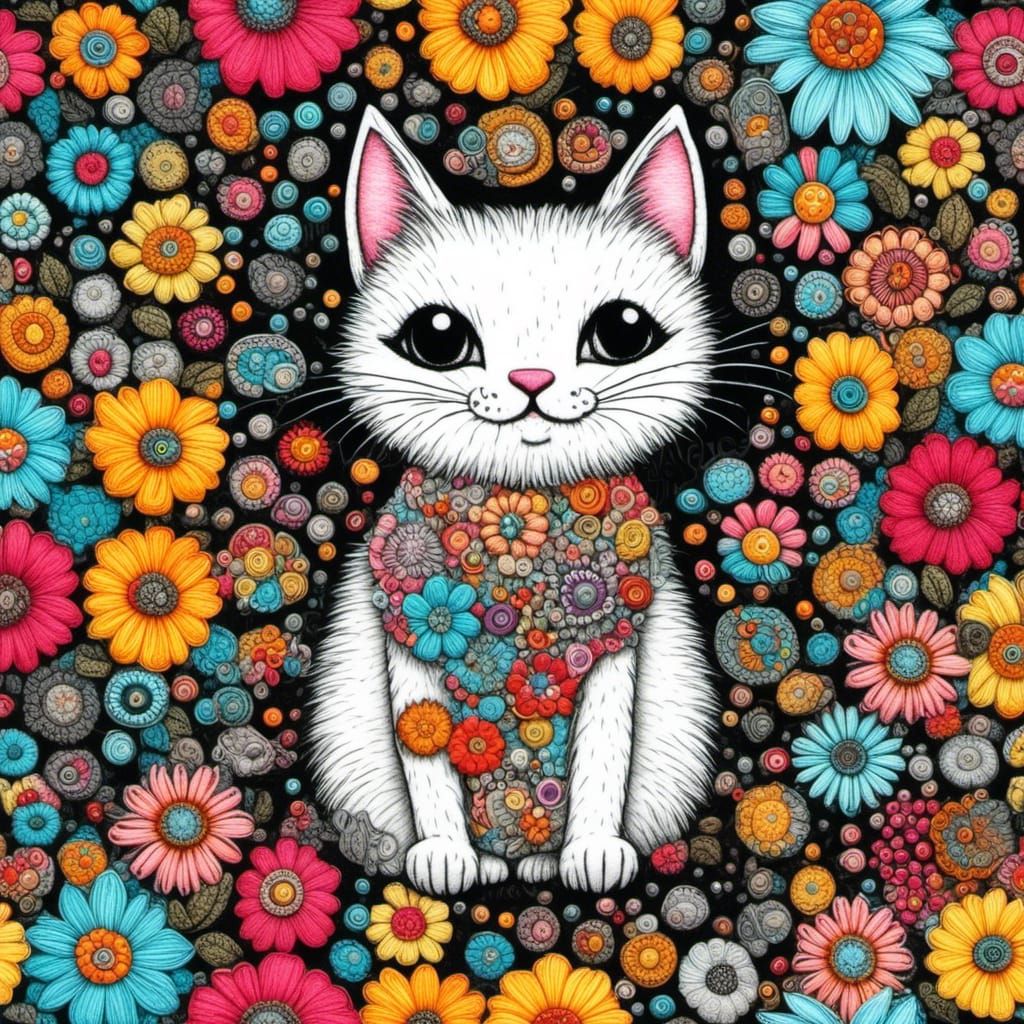 Kitten's Wildflower Adventure: Doodle and Patchwork Style