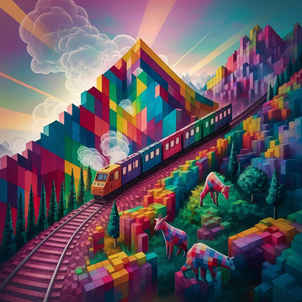 Vibrant Cubist Mountain Railway