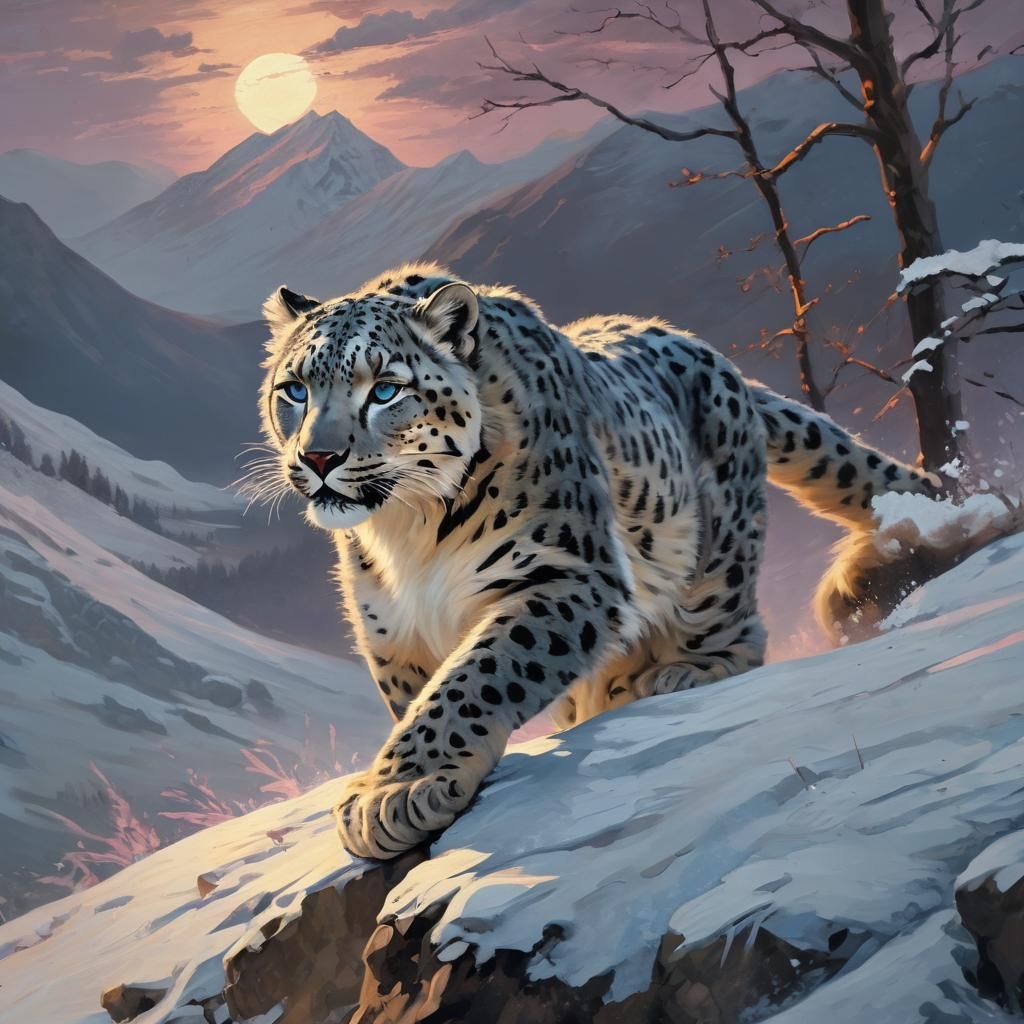 Colorful Snow Leopard Gouache Painting at Dusk