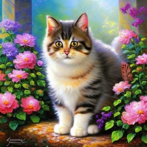 Fluffy Cat in Flower Garden: Oil Painting