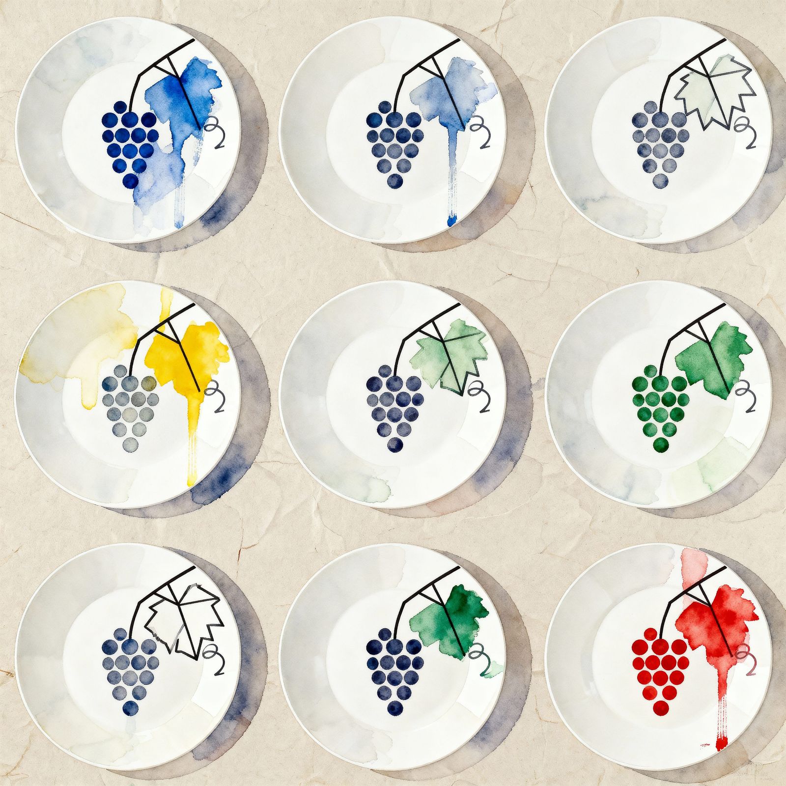 Minimalist Watercolour Plates with Grape and Vine Motifs