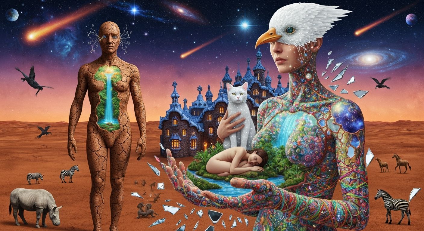 Dreamlike Mental Landscape with Bioluminescent Figures