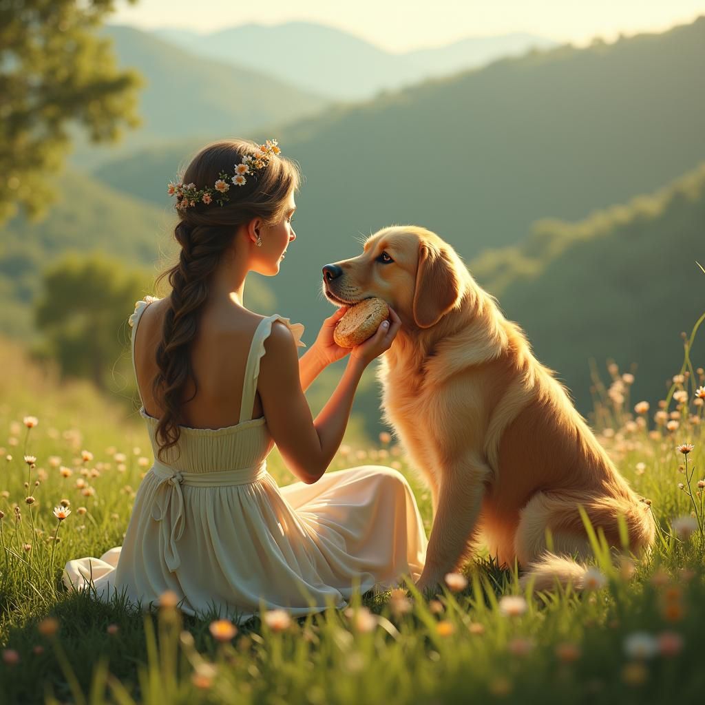Woman and Dog Share Bread in Dreamlike Landscape