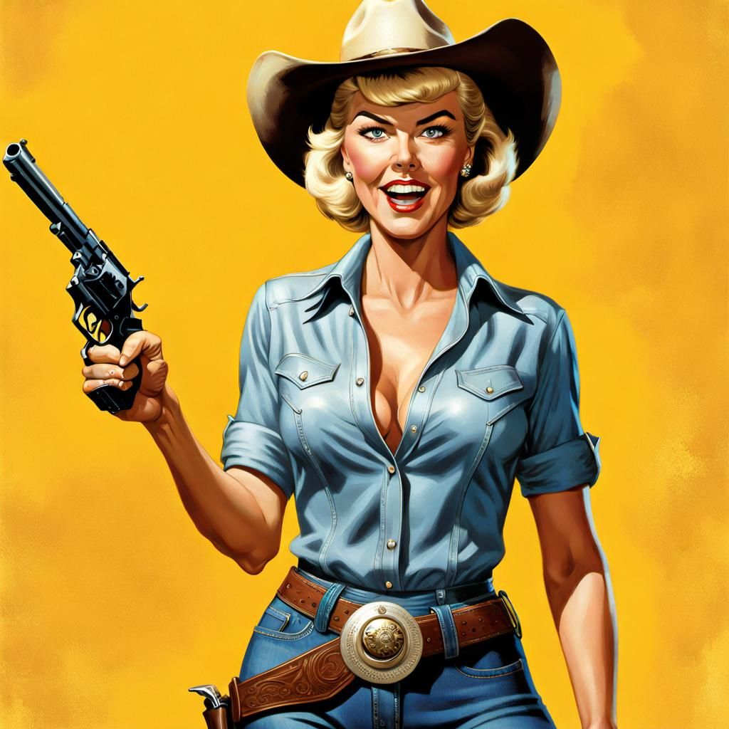 Doris Day as a Determined Gunslinger in Comic Book Art