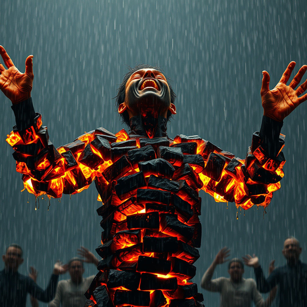 Charcoal Man Laughing in Rain, Gritty Futurism