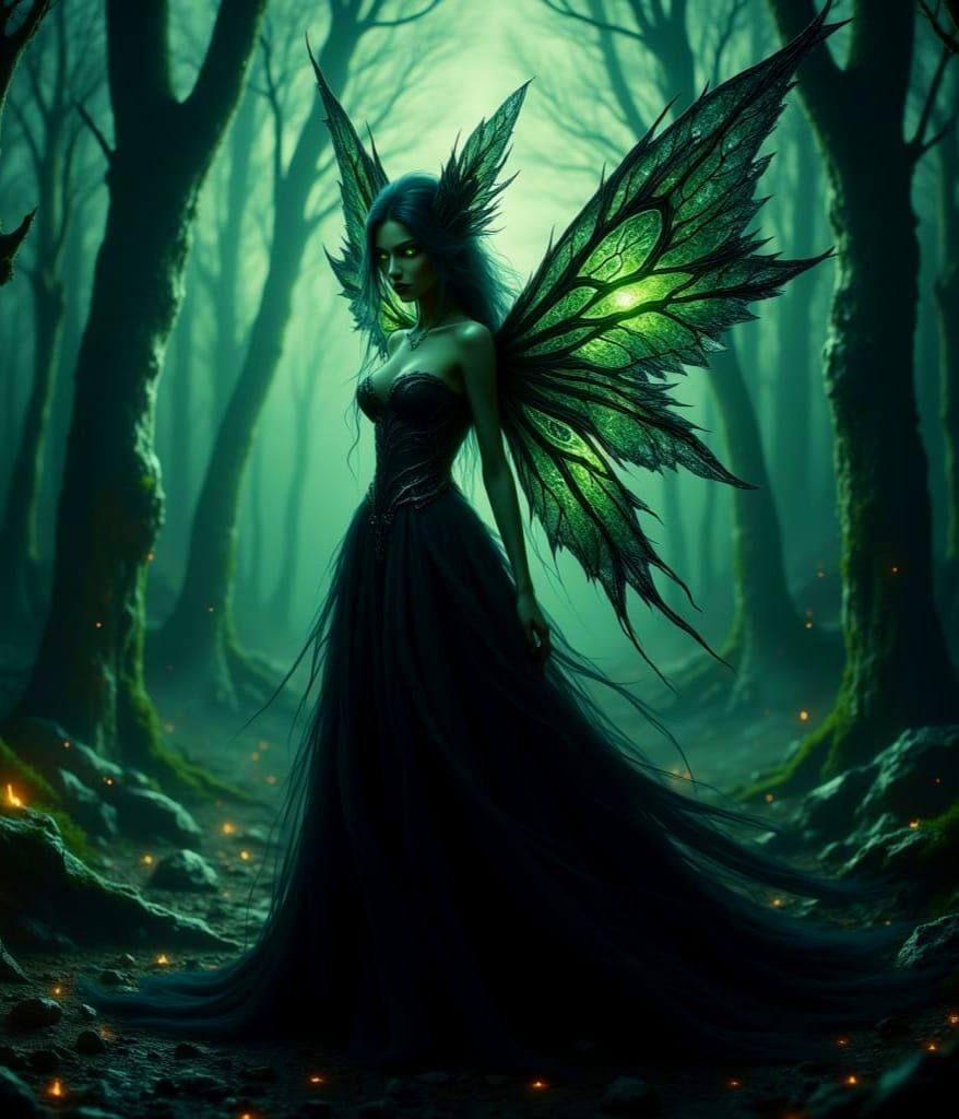 Mysterious Dark Fairy in Ethereal Forest