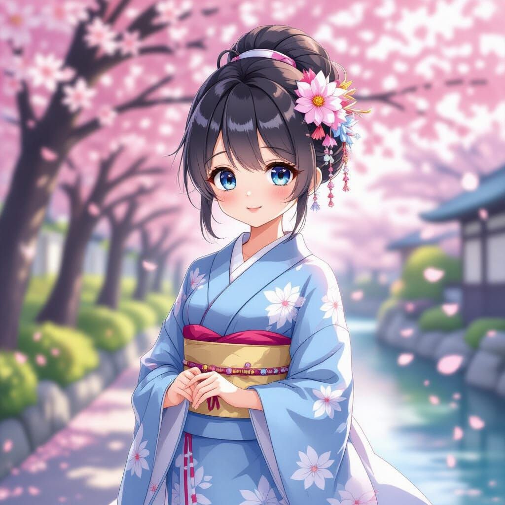 Anime Girl in Cherry Blossom Garden