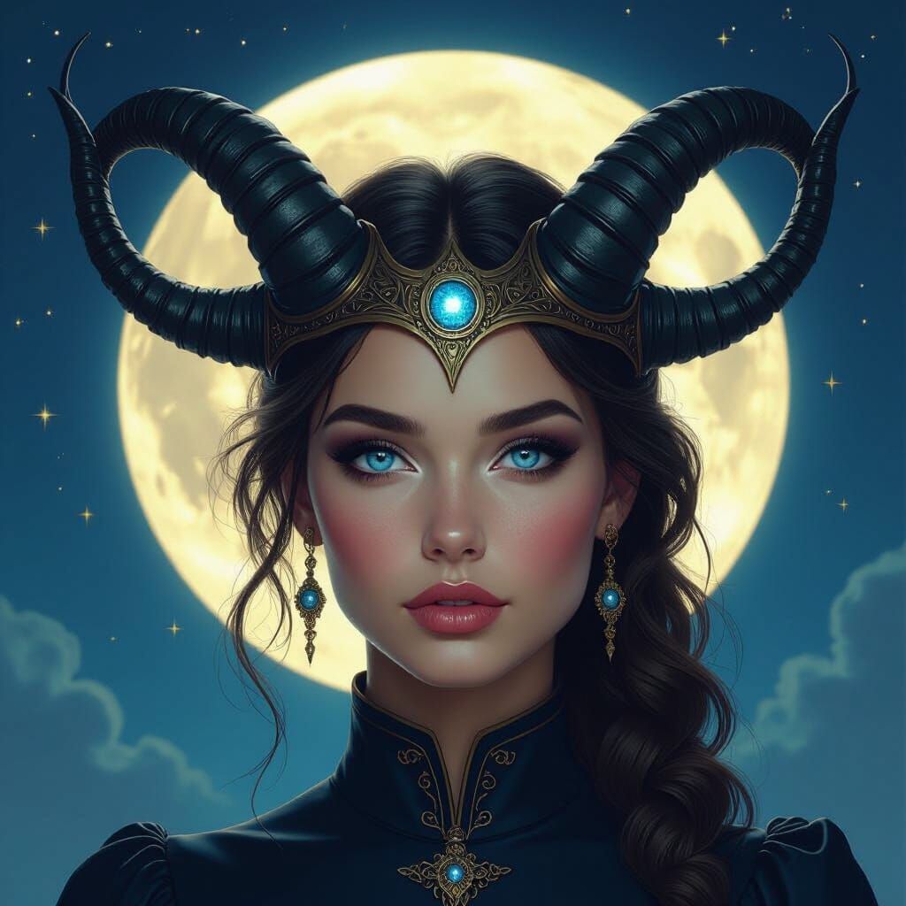 Mythological Woman with Horned Helmet and Full Moon