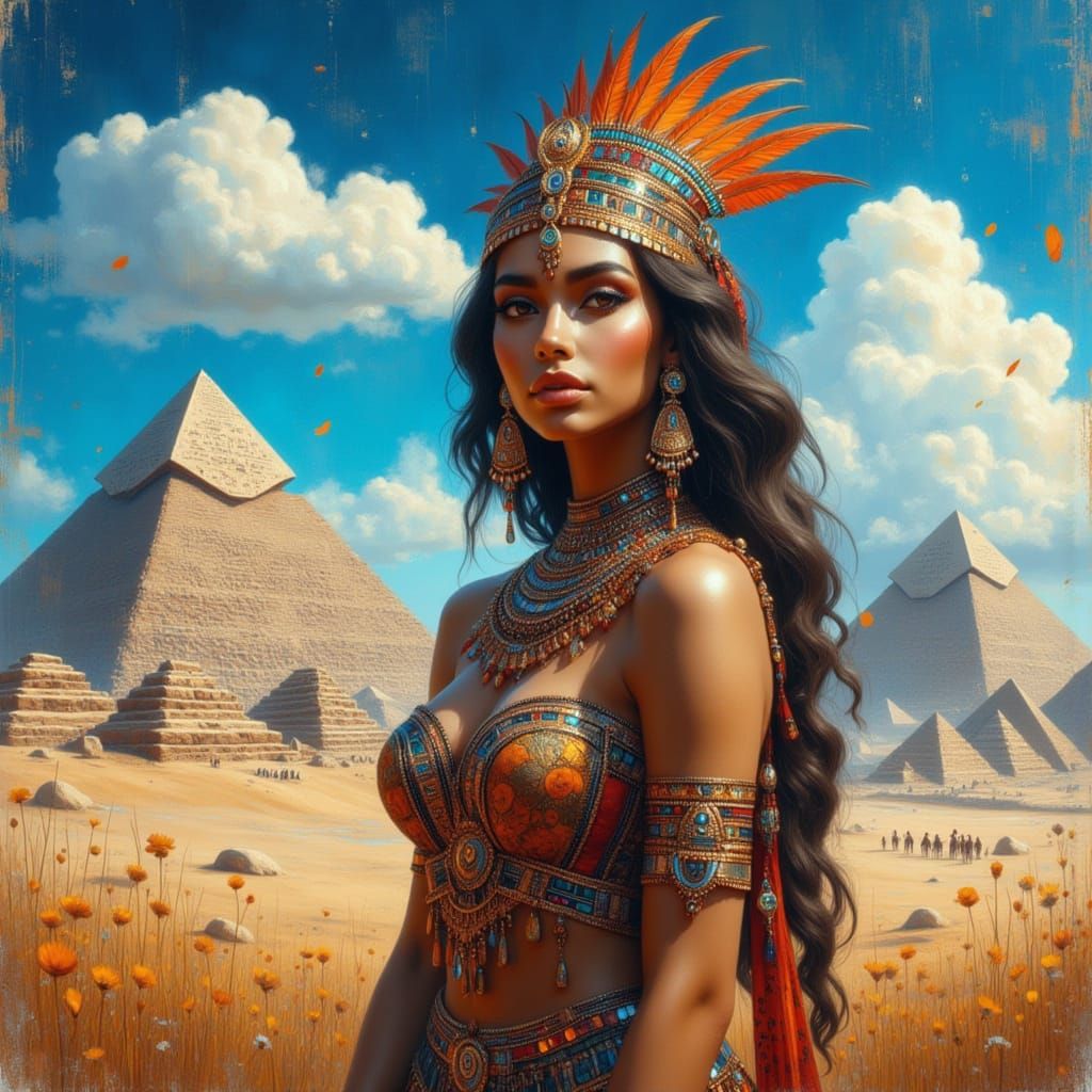 Indian Princess Before Pyramids in Tribal Costume