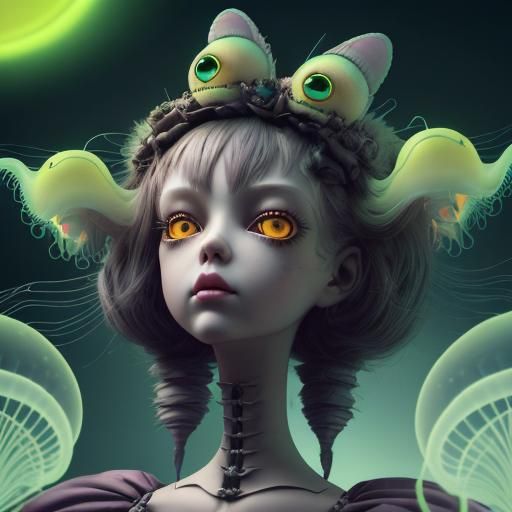 Surreal Doll with Yellow Eyes in Pop Surrealist Style