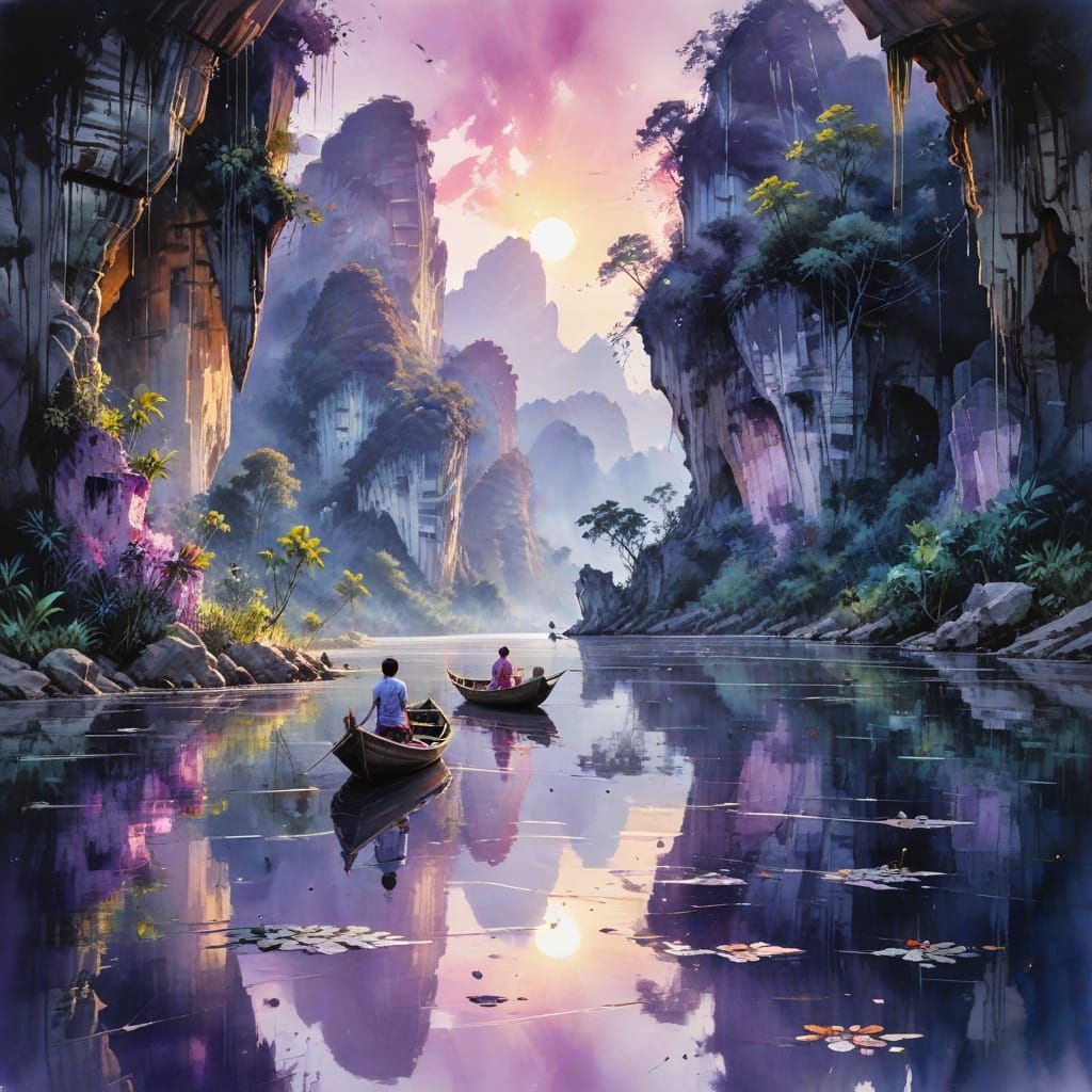 Hpa-An Myanmar Twilight Landscape in Watercolor Style