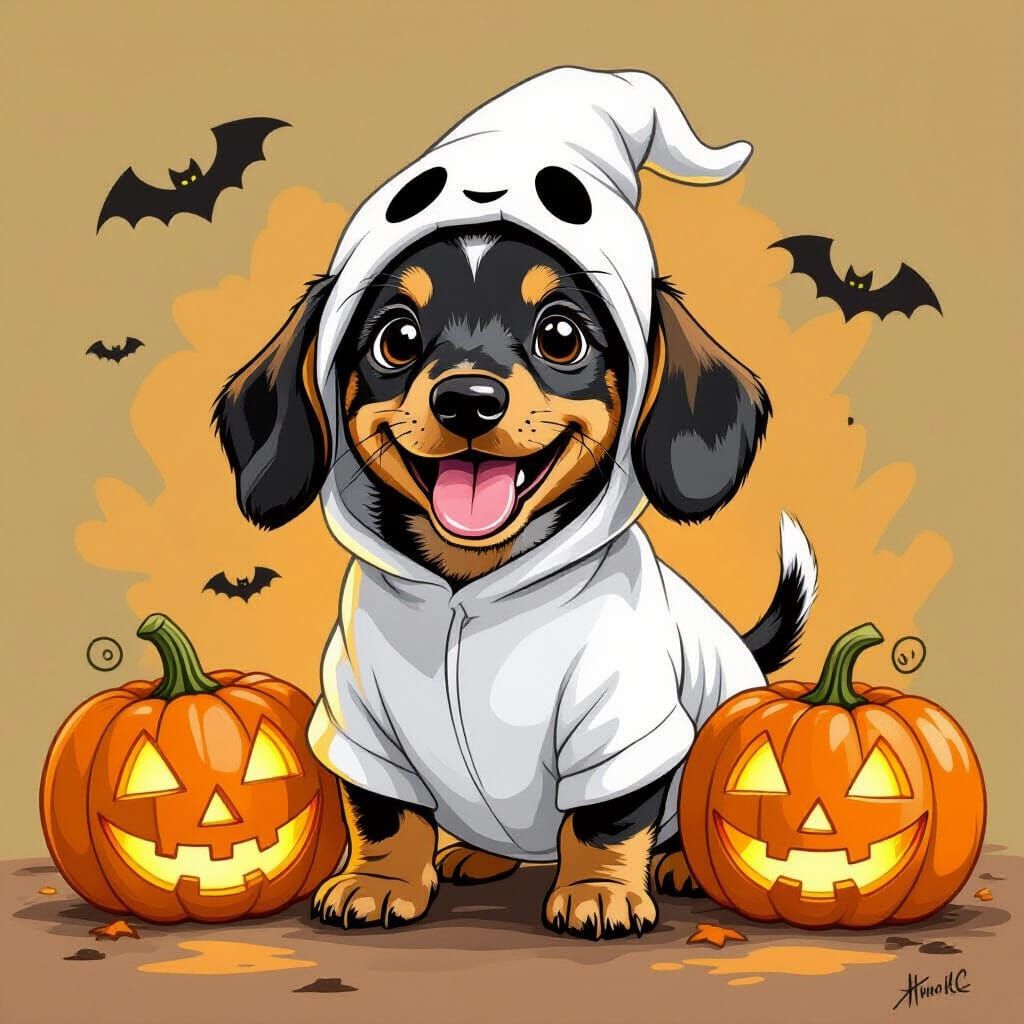 Happy Dachshund Puppy as Ghost in Halloween Scene