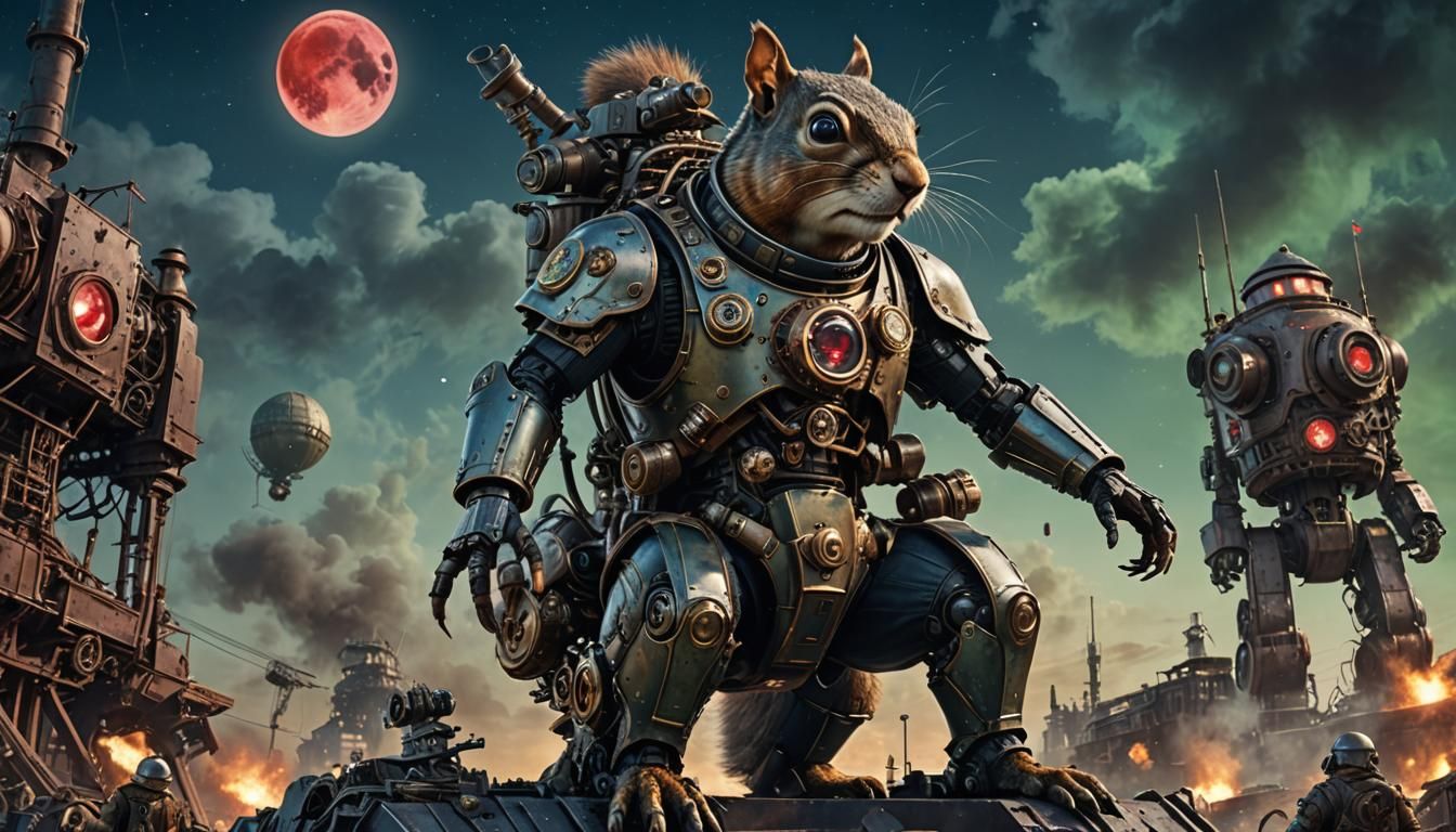 Steampunk Squirrel Commander on Fallen Robot
