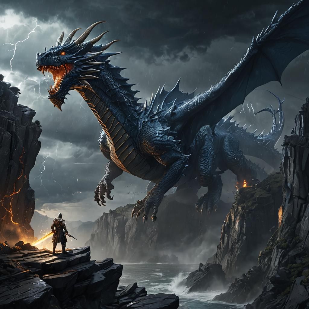 Epic Dragon and Warrior in Stormy Landscape
