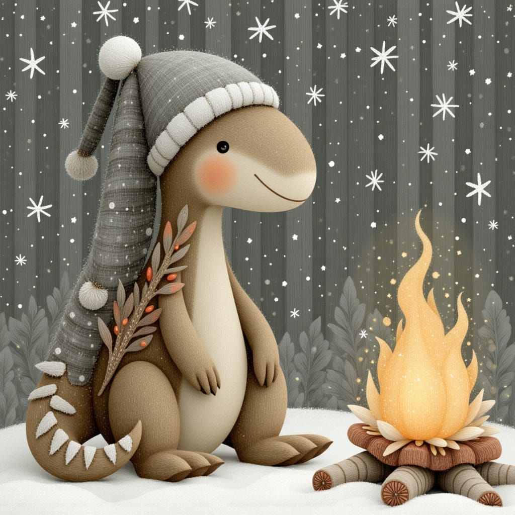 Cute T-Rexes Camping in Winter Snow