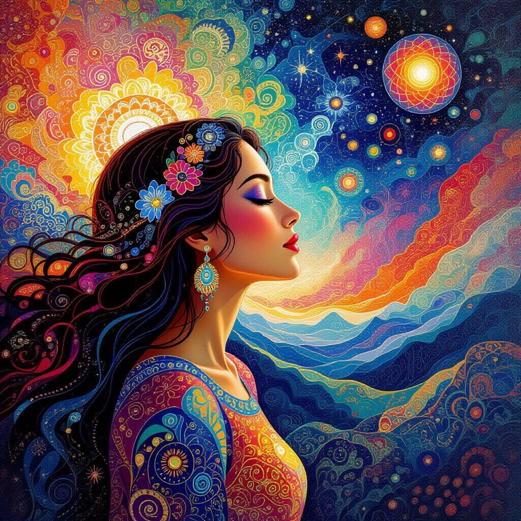 Mystical Woman in Psychedelic Astral Realm in Holographic De...