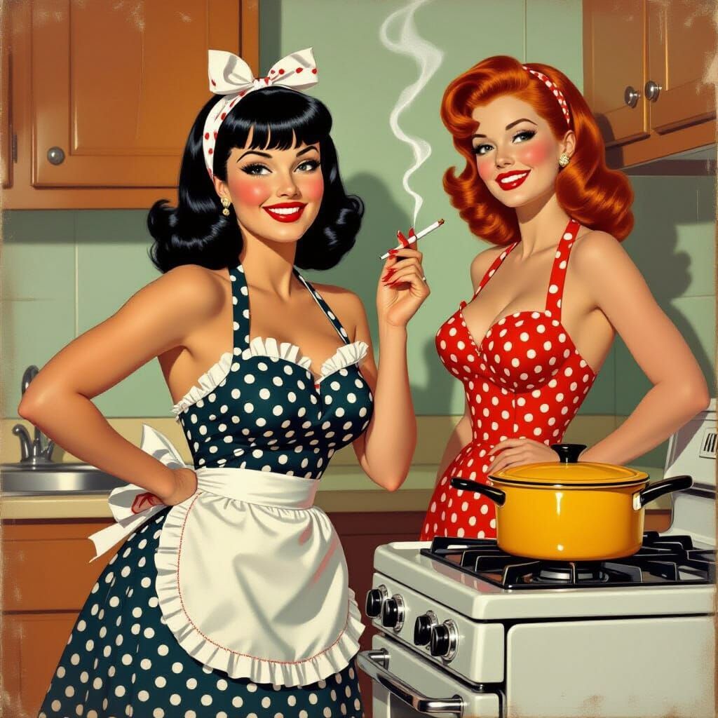 1950s Housewife Smirks with Cigarette, Norman Rockwell Style