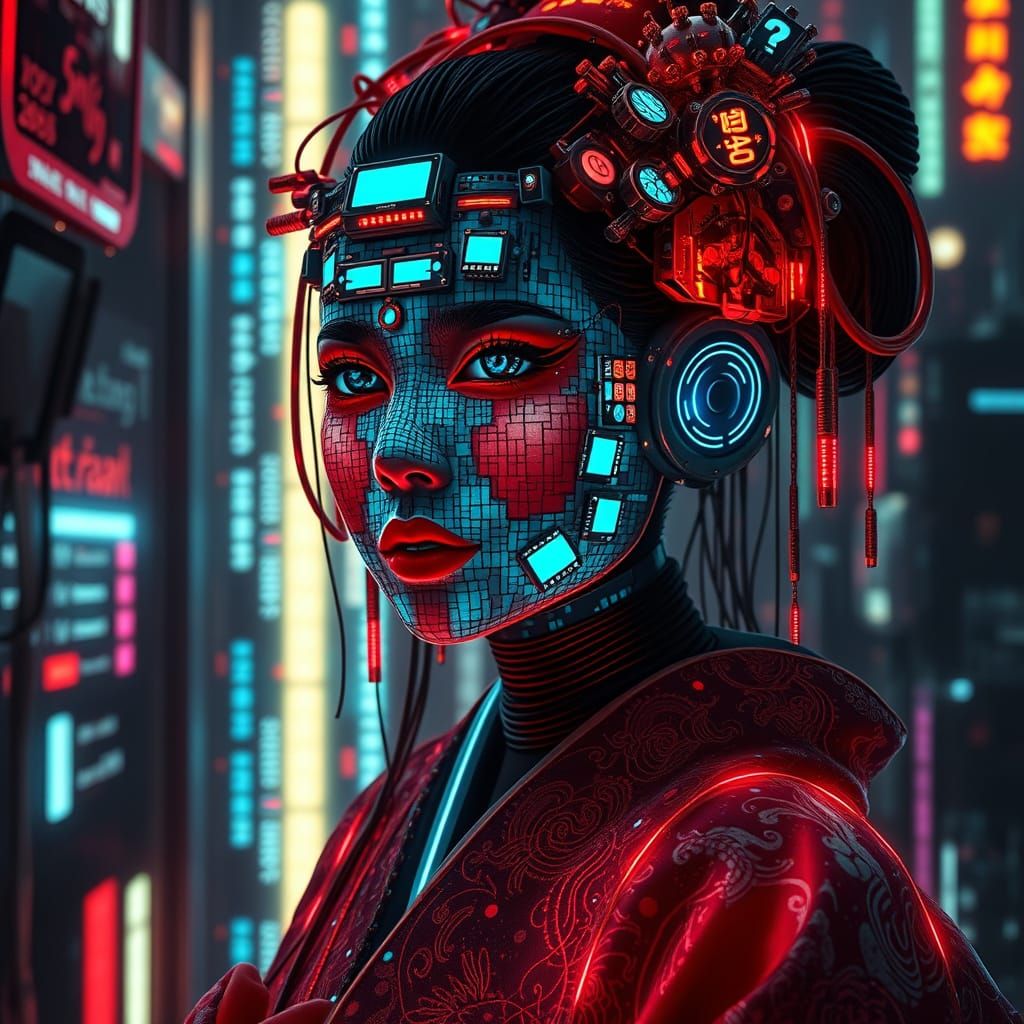 Cybernetic Geisha Portrait in Glitch Art Style