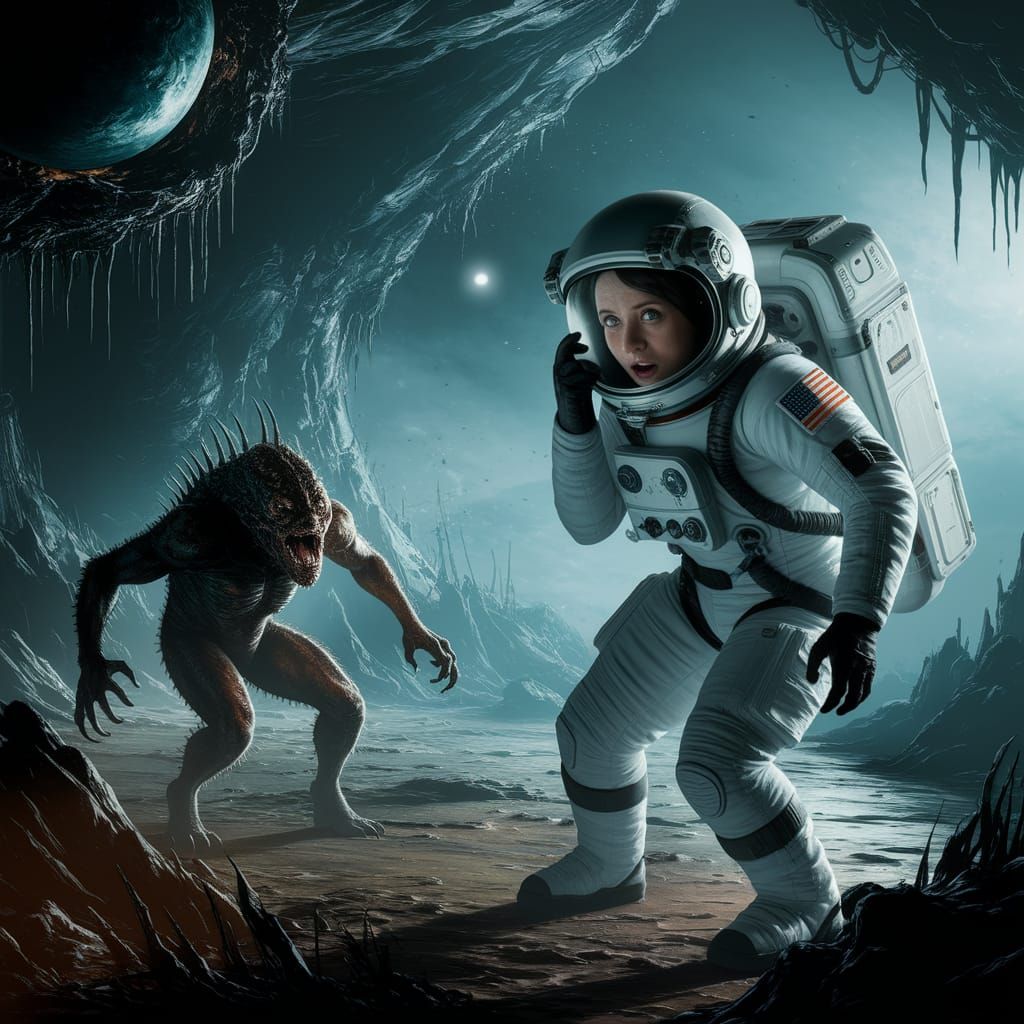 Astronaut Confronts Alien Horror on Damp, Dark Planet