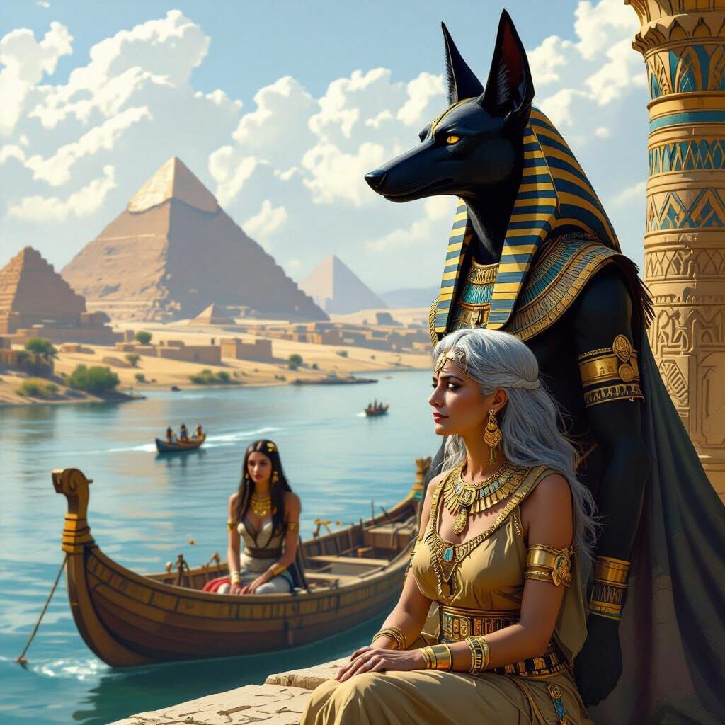 Regal Egyptian Woman and Anubis Overlooking Nile