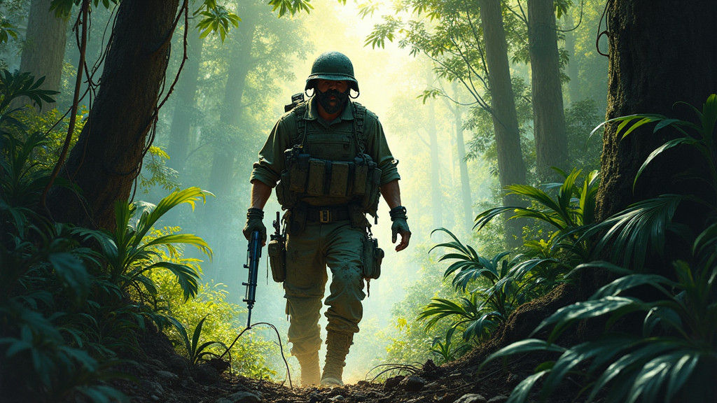 Grizzled Commando in Tropical Jungle, Frazetta Style