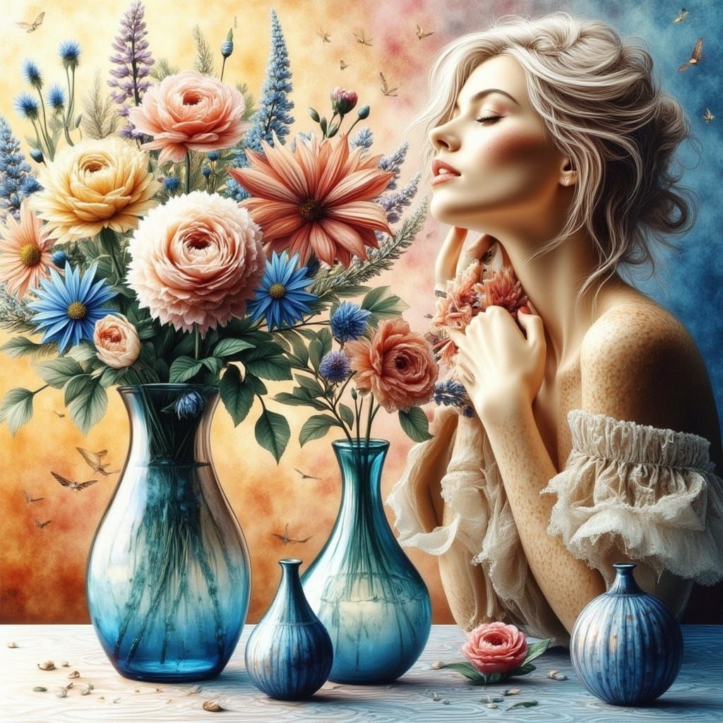 Elegant Woman in Floral Dress by Lake, Surrealist Style