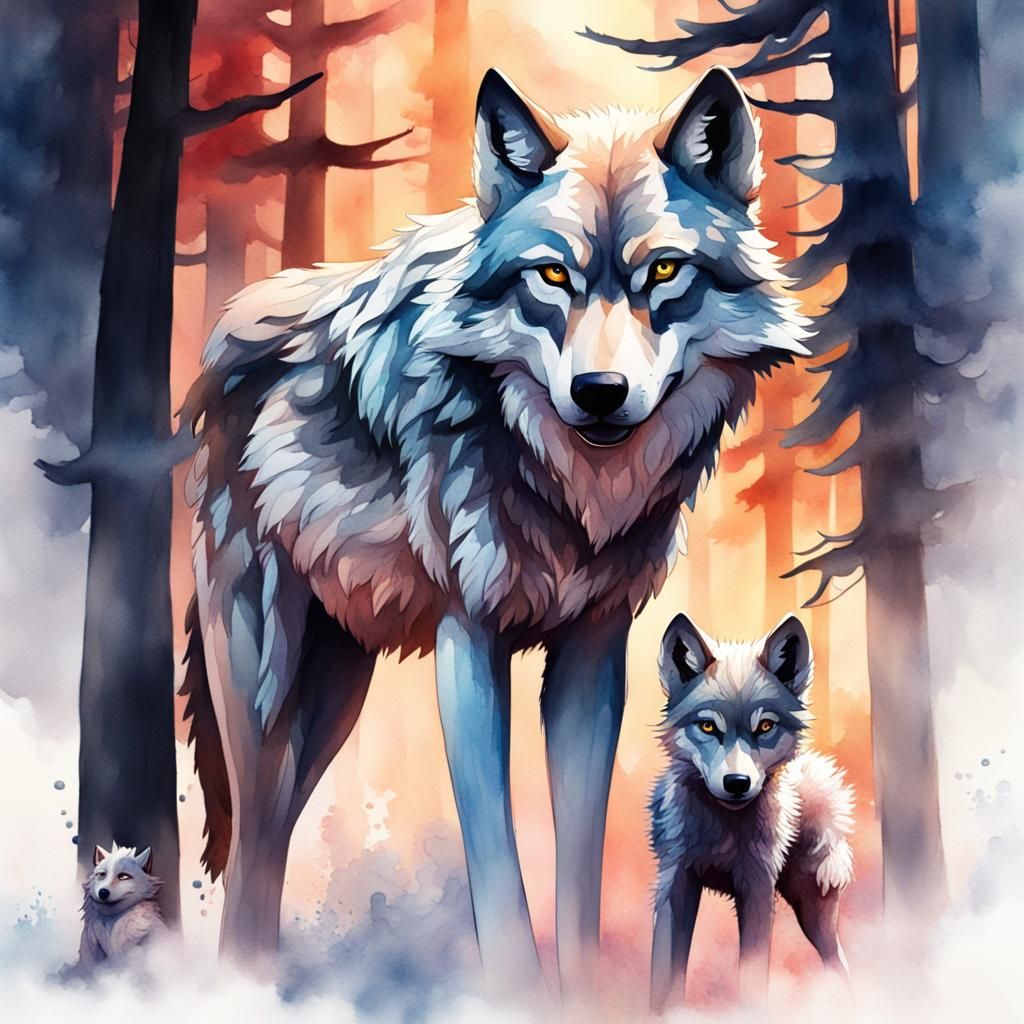 Watercolor Wolf Mum and Pup Fantasy Art