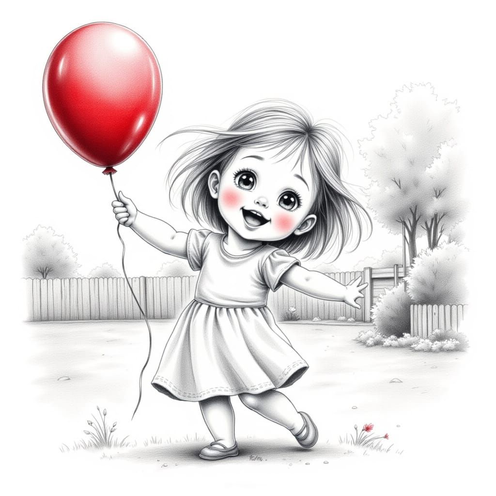Joyful Girl Spinning with Red Balloon in Graphite Sketch