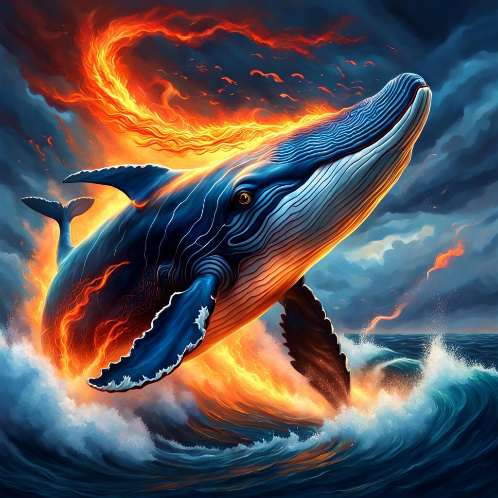 Fiery Phoenix Whale in Thundering Ocean