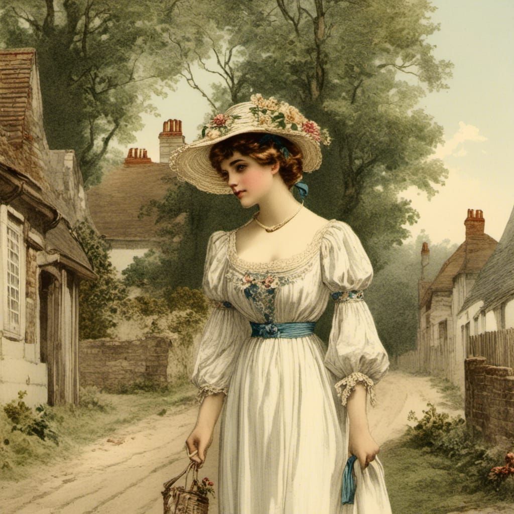 Elegant Woman in Regency Dress in Village Lane