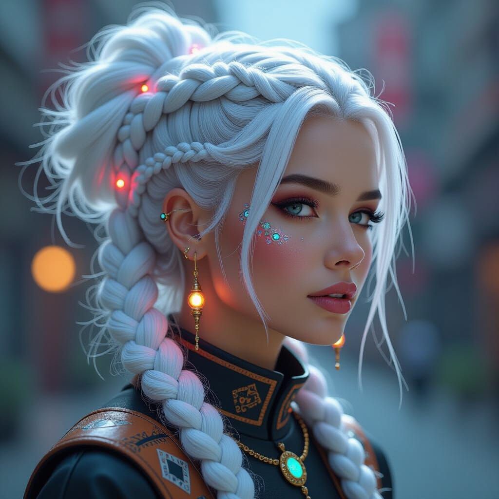 Woman with Sculpted White Hairstyle and Glowing Braids