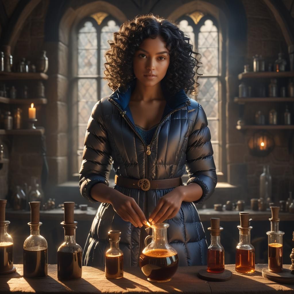 Exotic Woman in Lab Coat Stirring Potion