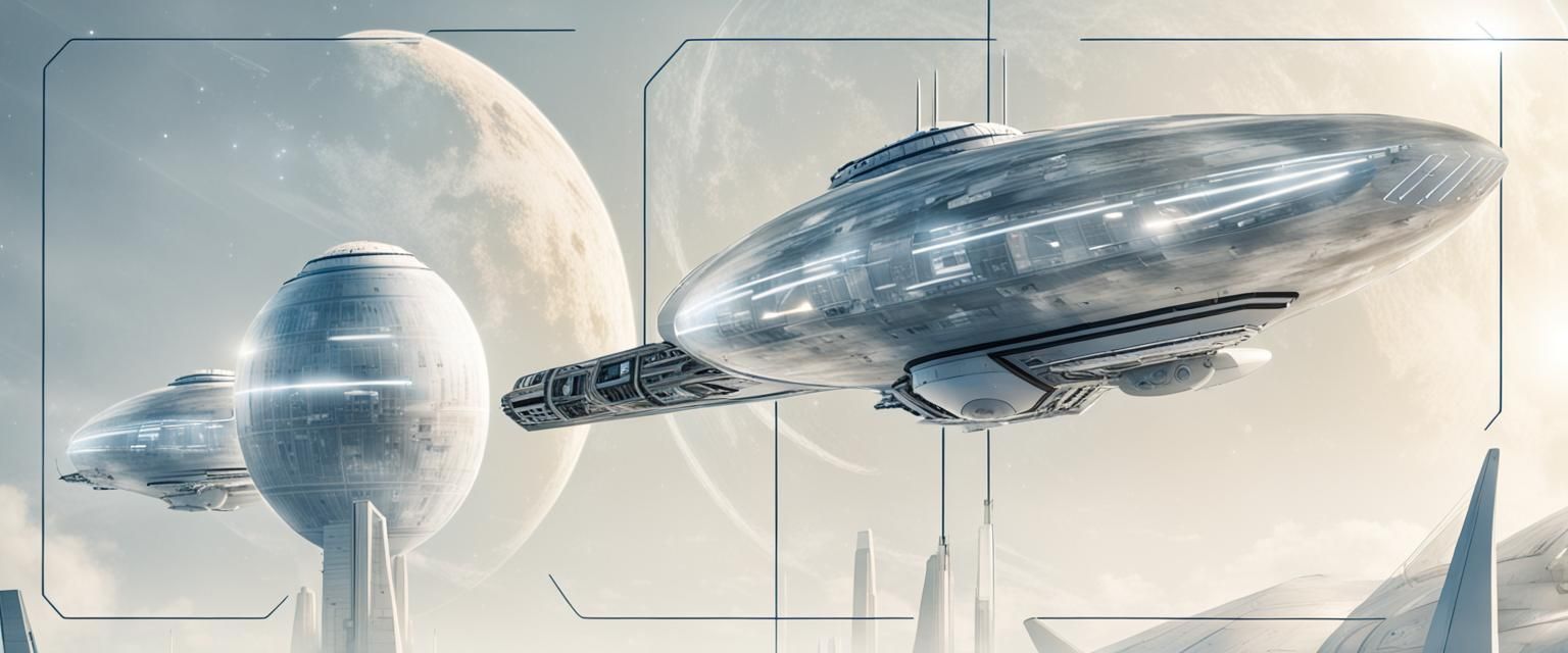 futuristic spaceship, huge ion engine nacelles, transparent crew dome, dish antennas, Weyland Industries logo, stars and...