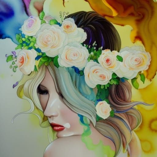 Woman with Transparent Hair and Floral Adornments