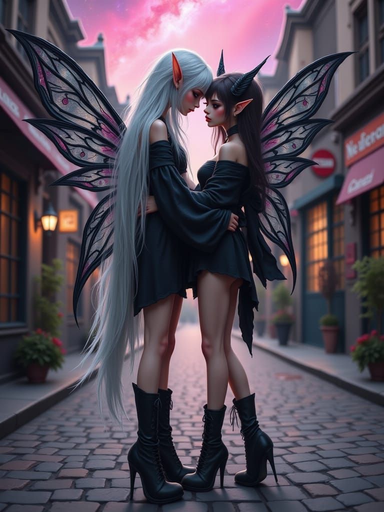 Creepy Fairy Sisters Stroll through a Pink Galaxy