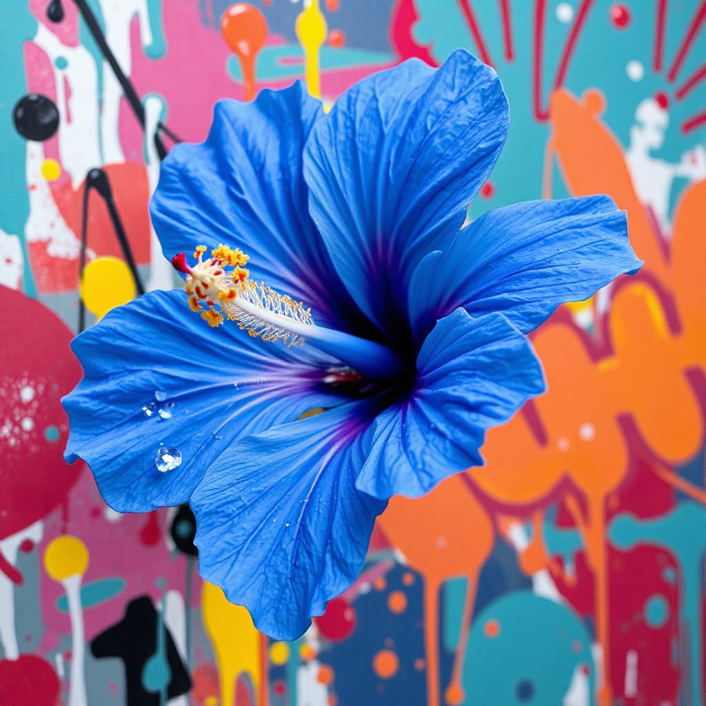 Blue Hibiscus in Hyperrealistic Mixed Media Graffiti Art