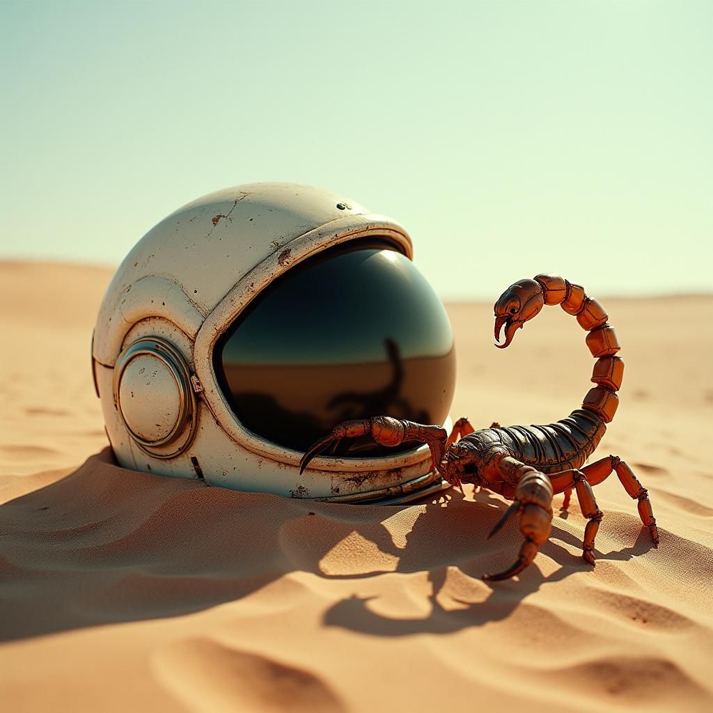 Astronaut Helmet and Electric Scorpion in Desert