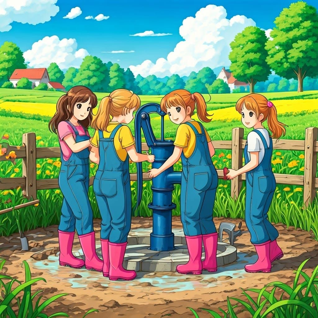 Manga Girls Build Water Hand Pump in Whimsical Countryside