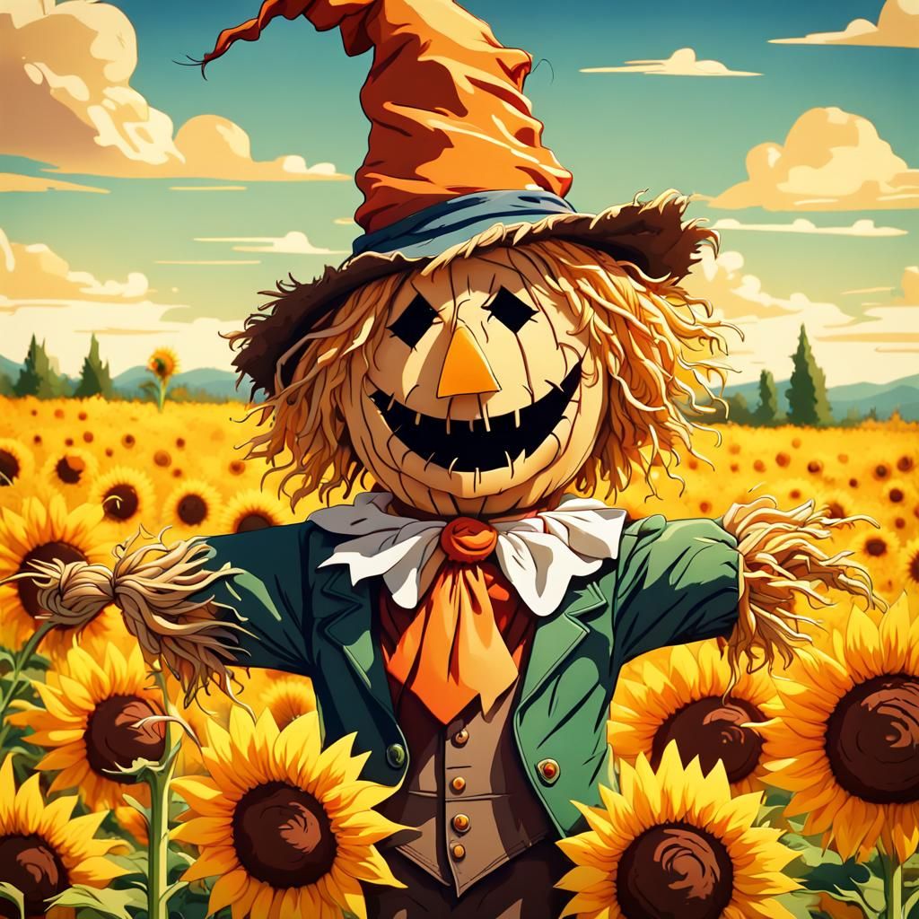 Goofy Scarecrow in Sunflower Field, Manga Style