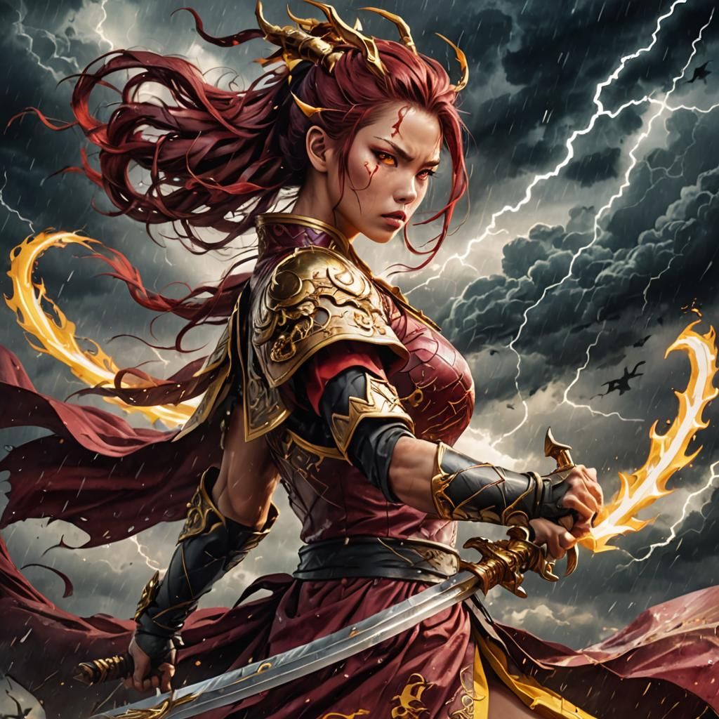 Anime Warrior with Chaos Sword in Stormy Sky